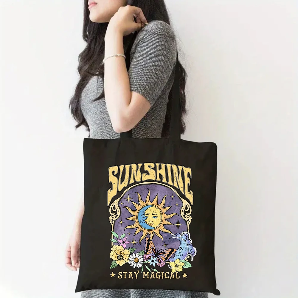 

Canvas Tote Bag, Women's Casual Shoulder Handbag with Retro "Sunshine Stay Magical" Sun Moon Butterfly Print, Stylish Tote Bag