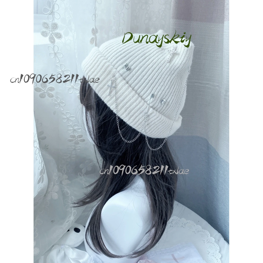 

Harajuku Punk Cat-Ear Knit Hat Gothic Lolita Cross Chain Beanie Underground Idol Dark Casual Streetwear Halloween/Cosplay