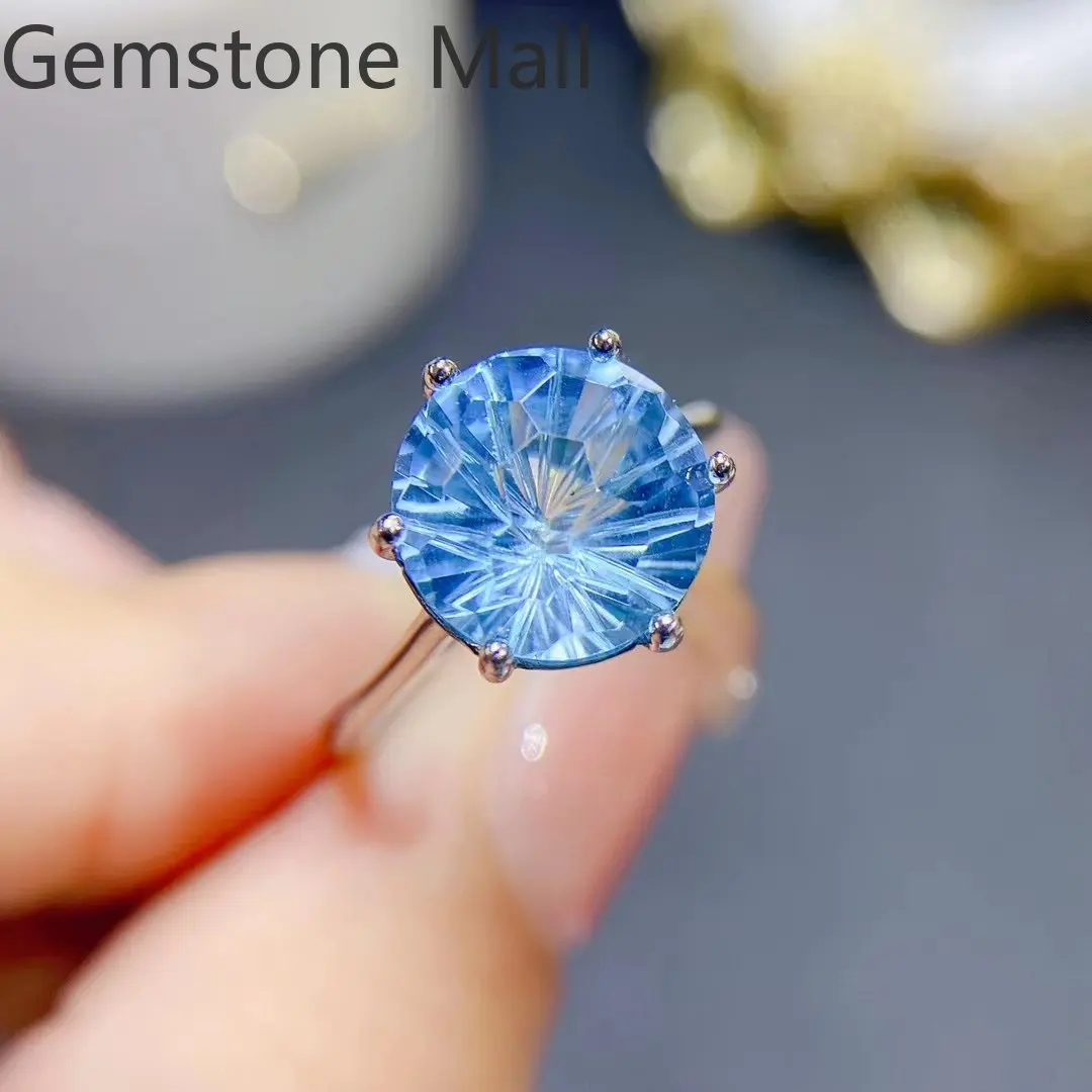 

4ct Brilliant Light Blue Topaz Ring 10mm*10mm Natural Topaz 925 Silver Ring for Daily Wear 18K Gold Plating Gemstone Jewelry