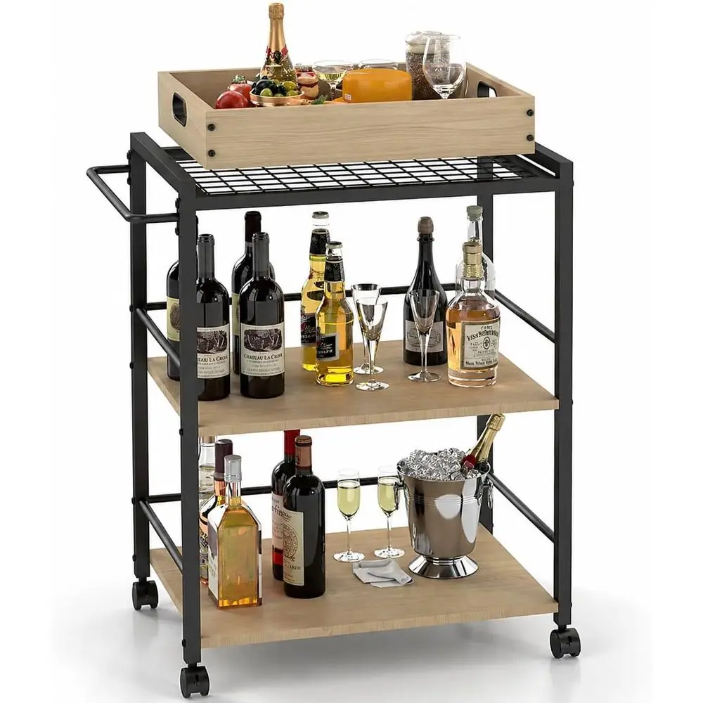 

3-Tier Rolling Kitchen Cart with Detachable Serving Tray, Natural Oak Finish