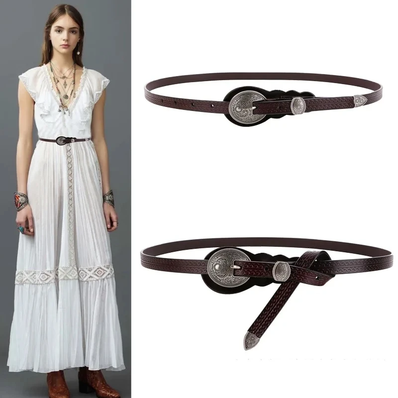 

Ethnic Style Retro Floral Carved Women's Waist Belt Decorative Genuine Leather Belt for Jeans, Cowhide Casual Ladies Belt