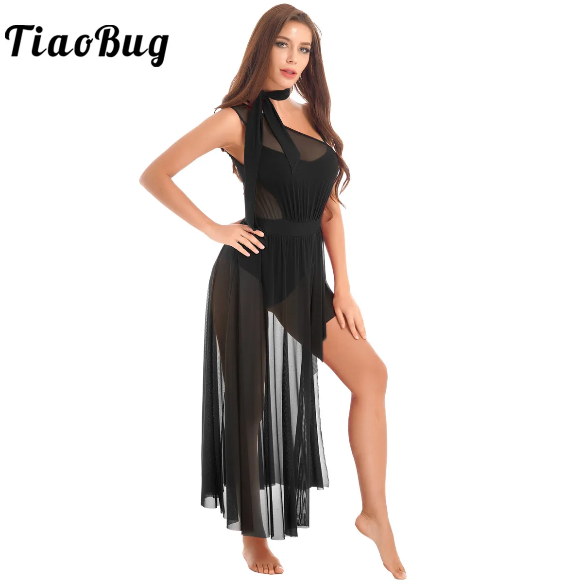 

Womens Ballet Tutu Leotard Dress Asymmetrical Split Mesh Contemporary Lyrical Long Dress Ballroom Performance Dance Costumes