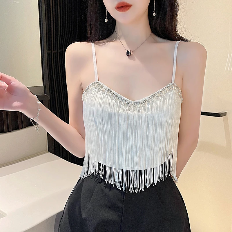 2023 Tassel Beading Mini Camis Off Shoulder Backless Sleeveless Slim Women Summer Fashion Hight Waist Sweet Sexy Top