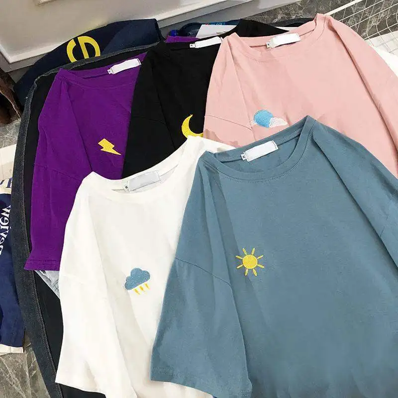 الكورية الطقس التطريز فضفاض الأساسية تي شيرت الصيف قصيرة الأكمام بسيطة تي شيرت للنساء harajuku Kawaii مضحك طالب التي شيرت