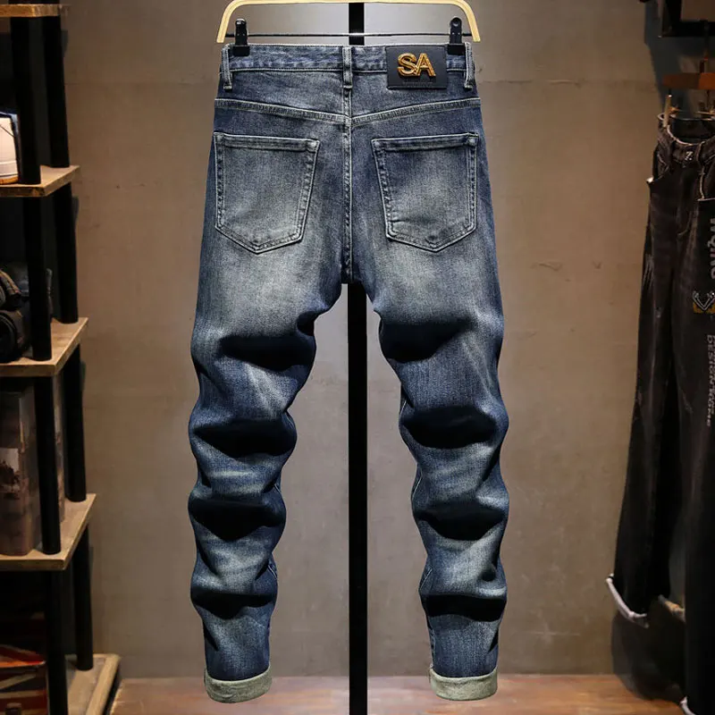 Street Designer Fashion Men Jeans Retro Blue Stretch Slim Fit Embroidery Patched Ripped Jeans Men Y2K Hip Hop Denim Pants Hombre