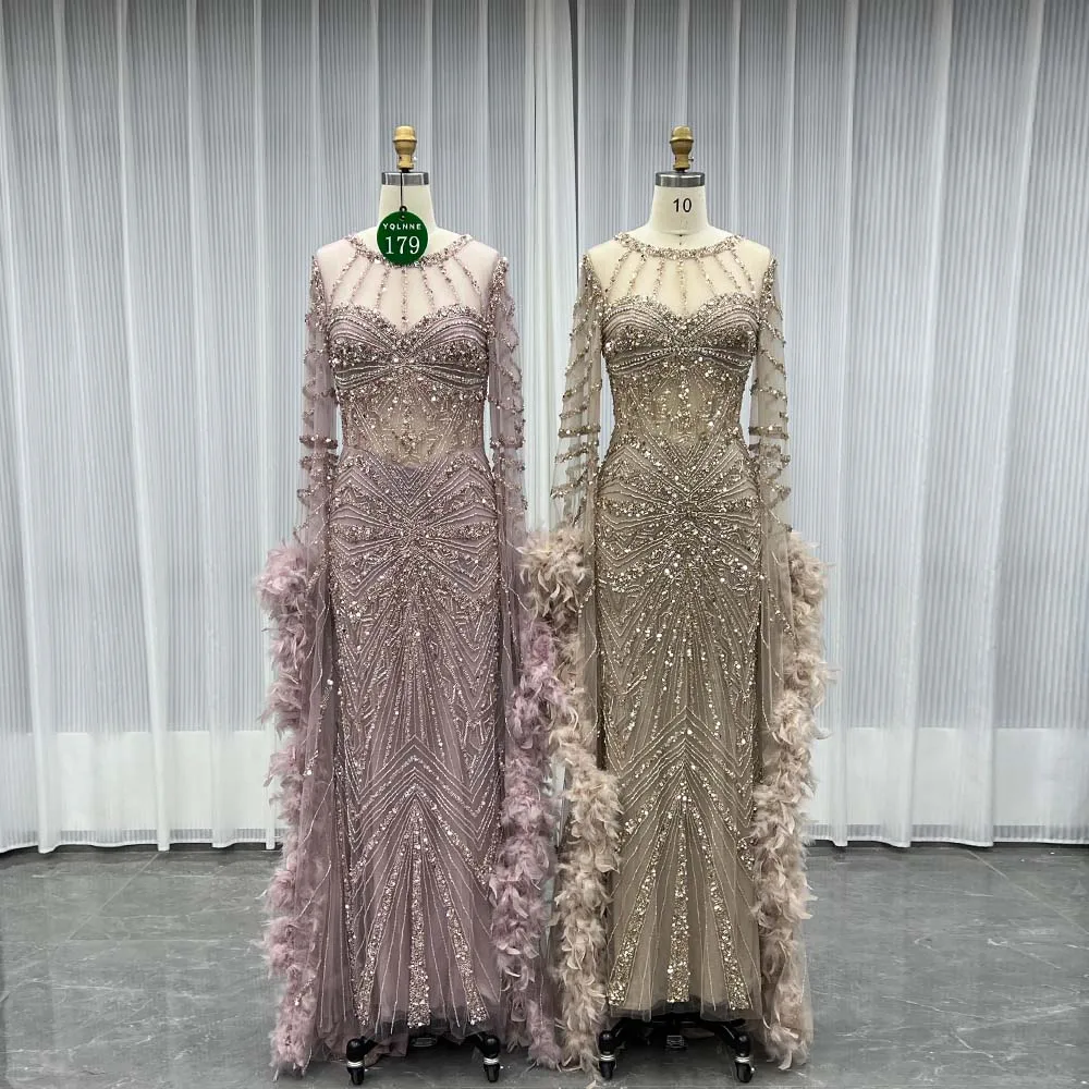 

YQLNNE 0179 Мокко Вечерние платья с длинными рукавами и перьями Вечернее платье русалки с кристаллами и бисером