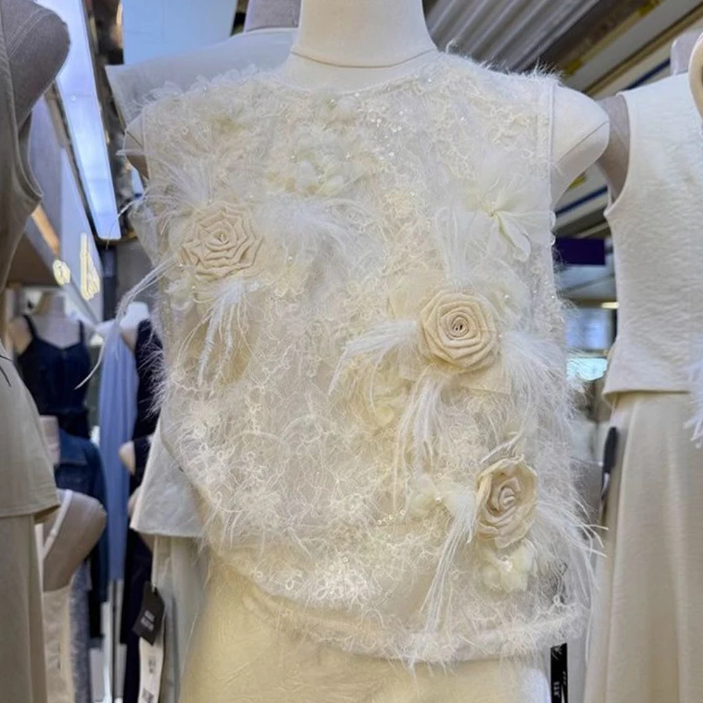 

Korean summer new super fairy three-dimensional feather flower pullover front shoulder light temperament lace vest outer wear