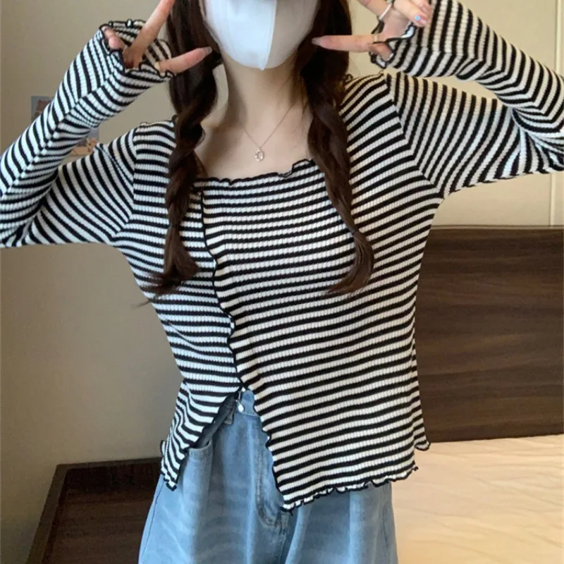 O-neck T-shirt Women Striped Irregular Striped Basic Long-sleeve Slim Wave Cut Korean-style All-match Pullover Trendy Leisure