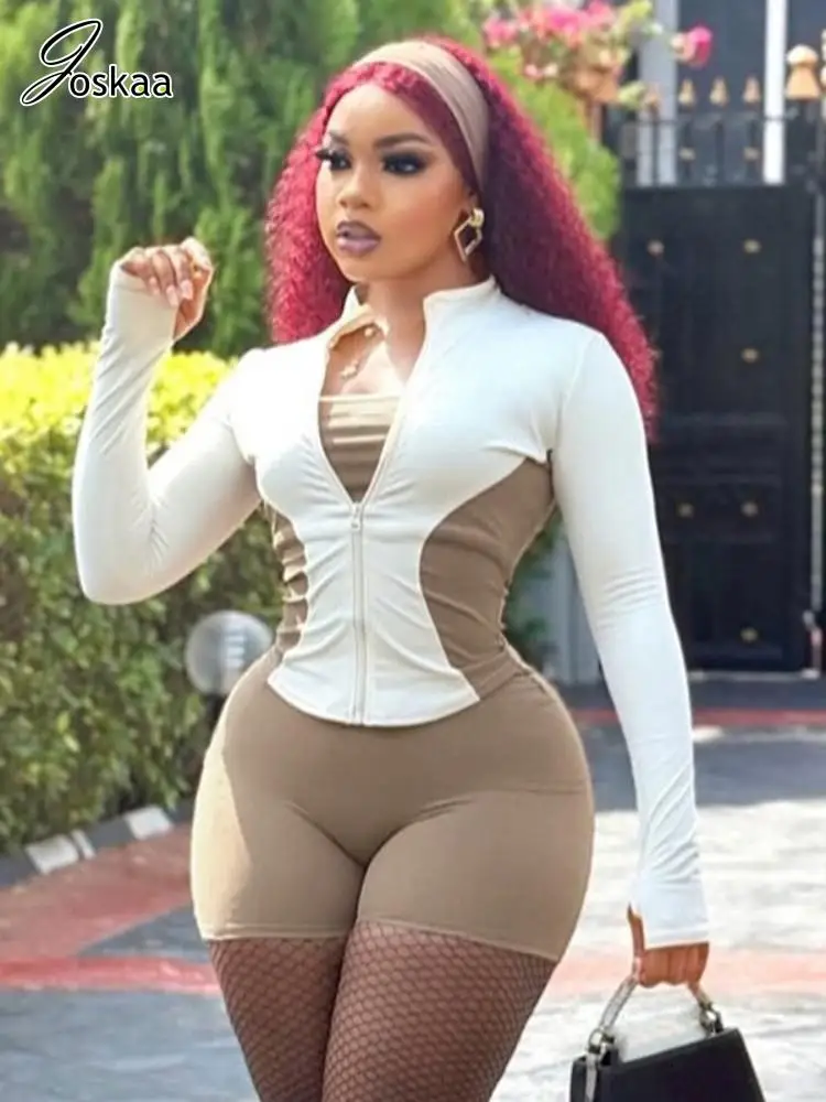 

Joskaa 2025 Women's Sporty Two Piece Set Casual Color Block Long Sleeve Zip-Up Top + Twist Detail Shorts Matching Tracksuits