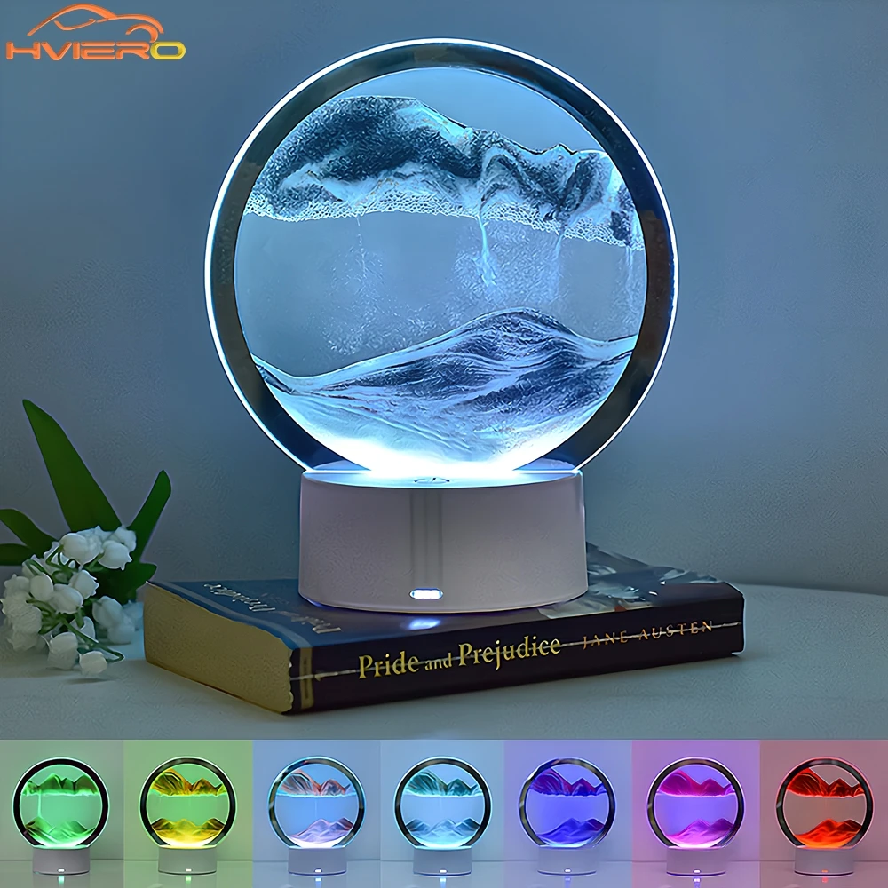 

LED Quicksand Light Painted 6-color Table Lamp 3D Trend Moving Art Circular Glass Hourglass Bedside Home Decoration Nightlight