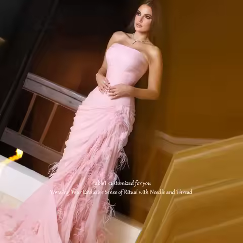 FableT Pink Strapless Sweetheart Mermaid Evening Dress Feather Ruffled Skirt Romantic Formal Dress Prom Wedding Customized
