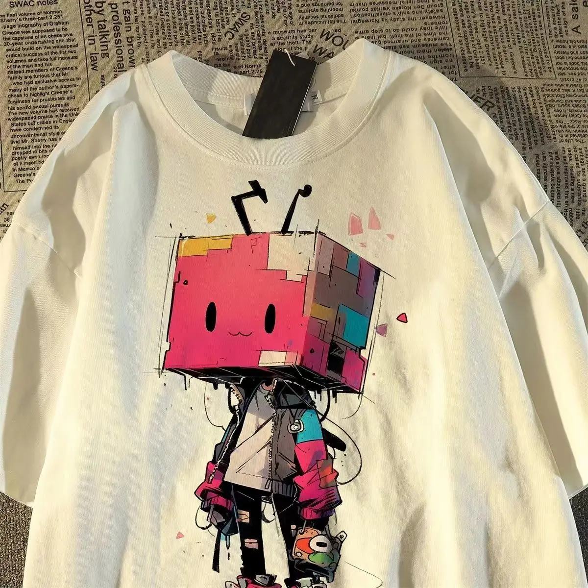 100% pure cotton American trendy brand funny cartoon printed short-sleeved for men and women summer loose hiphop couple tops