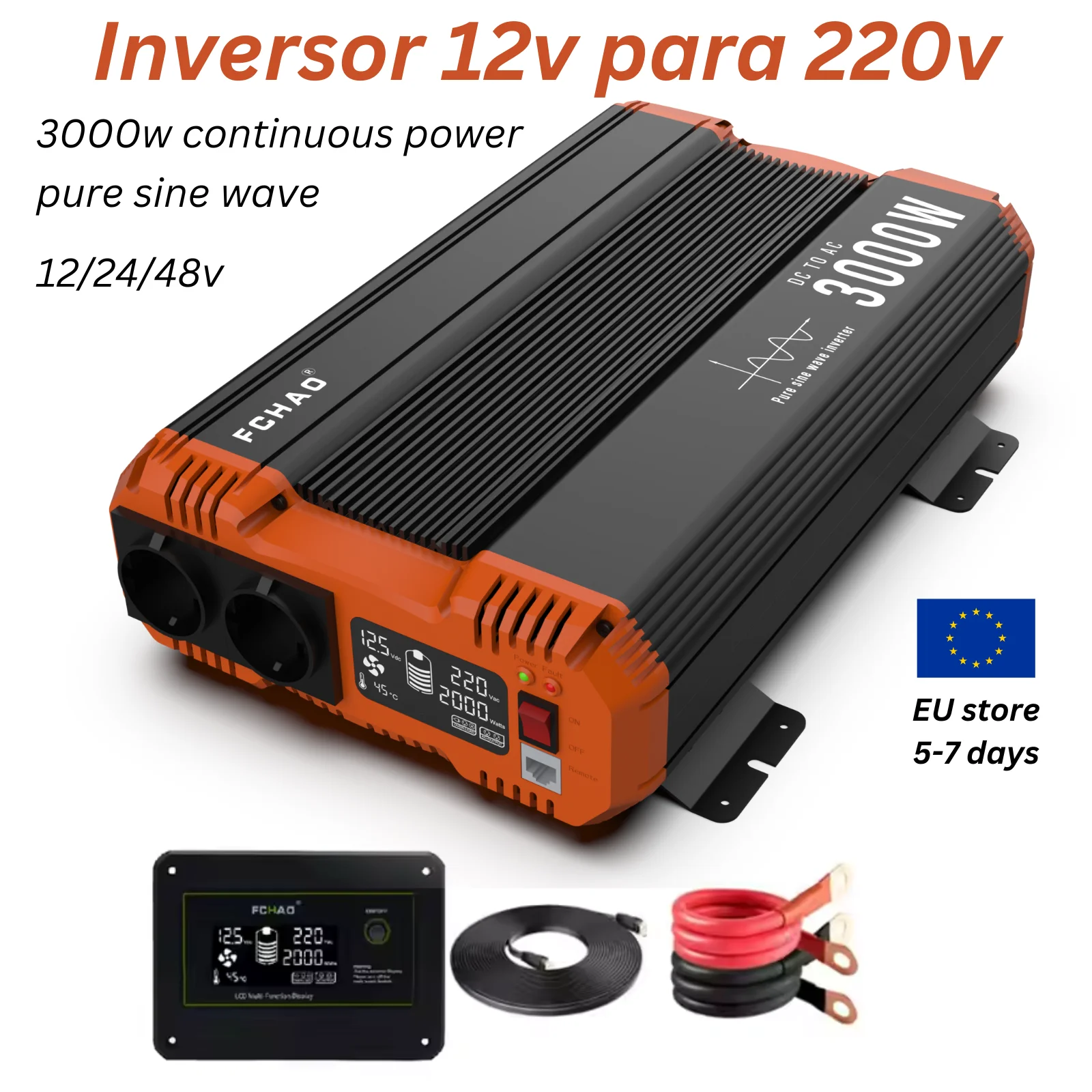 FCHAO Pure Sine Wave Inverter 6000W (3000W Continuous) DC 12V 24V 48V to AC 220V 230V 50Hz Power Converter with Remote Controlle