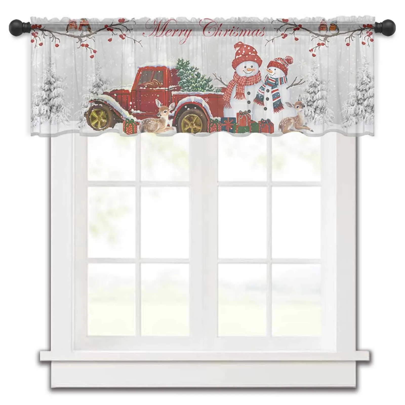 Berry Robin Snowman Deer Christmas Truck Short Tulle Window Curtains Sheer Voile Curtain Kitchen Cabinet Home Decor Small Drapes