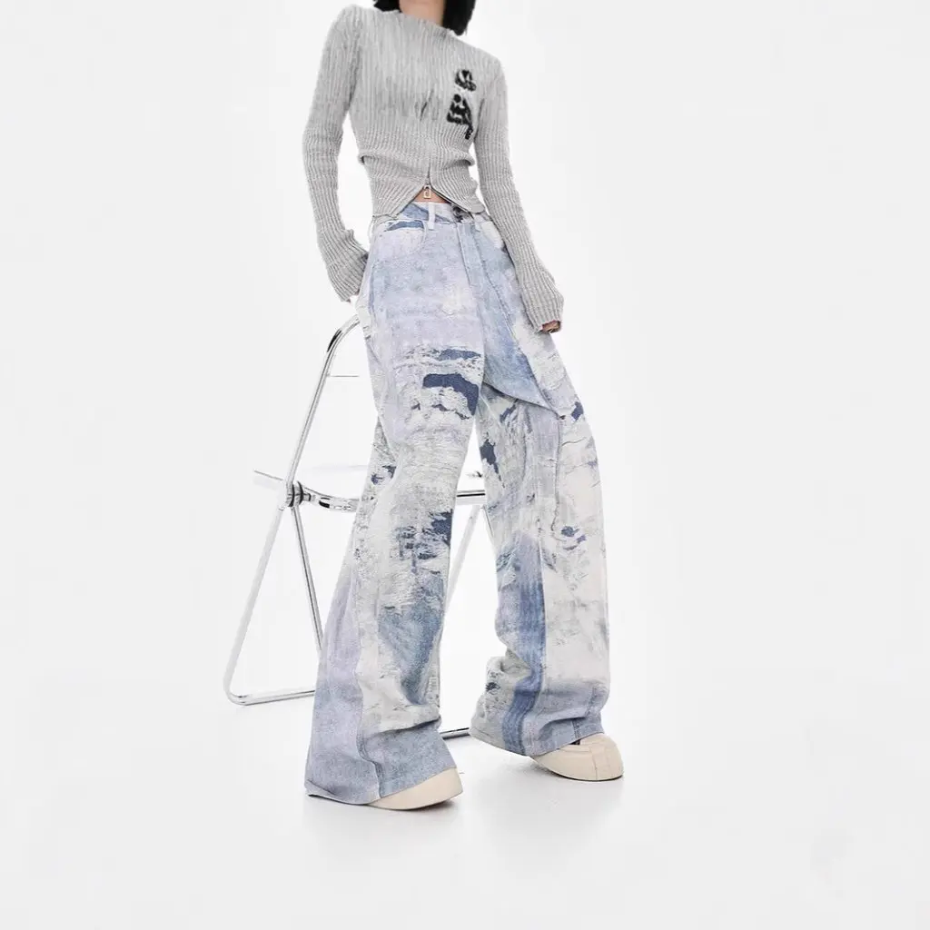 KEN STUDIO damesjeans met hoge taille, slanke wijde pijpen, tie-dye ontwerp, high street style herfst-wintercollectie