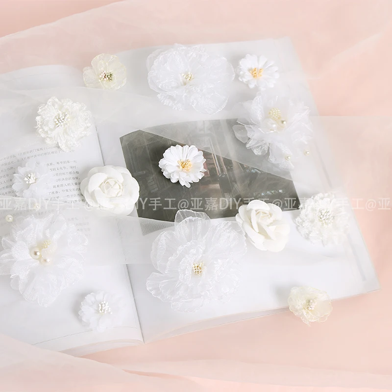 White Artificial Flower Head Chiffon Fake Flowers Home Decor Wedding Decoration 2023 New Year Christmas DIY Wreath Handicraft