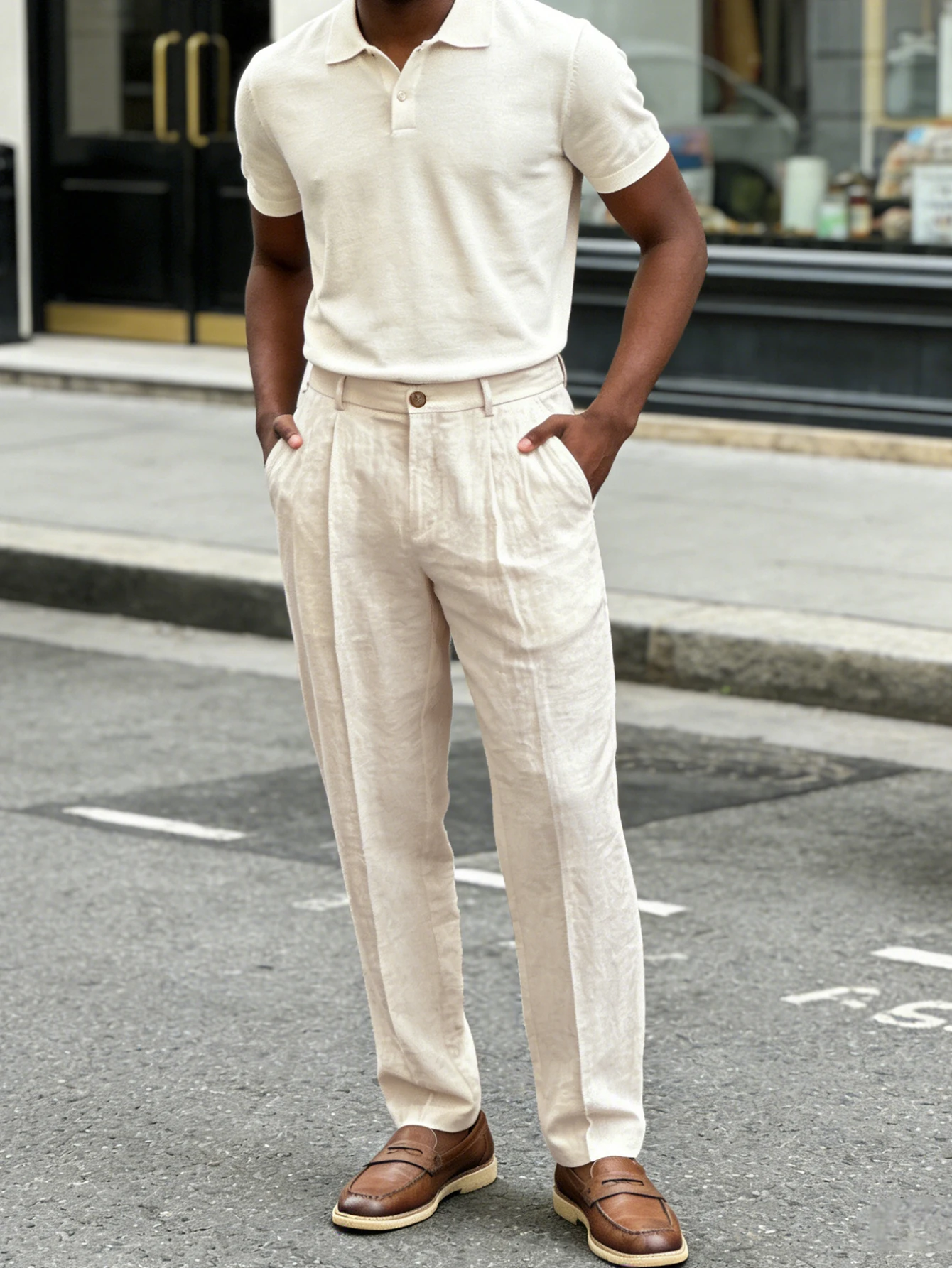 Summer  elegant linen Italian Neapolitan solid-color buttoned men's formal trousers [belt not included]