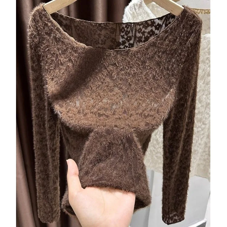  Lace under Shirt Women's Casual Style Base Layer Top Shoulder Baring Big Collar Inner Wear Polyester Fiber T-Shirt