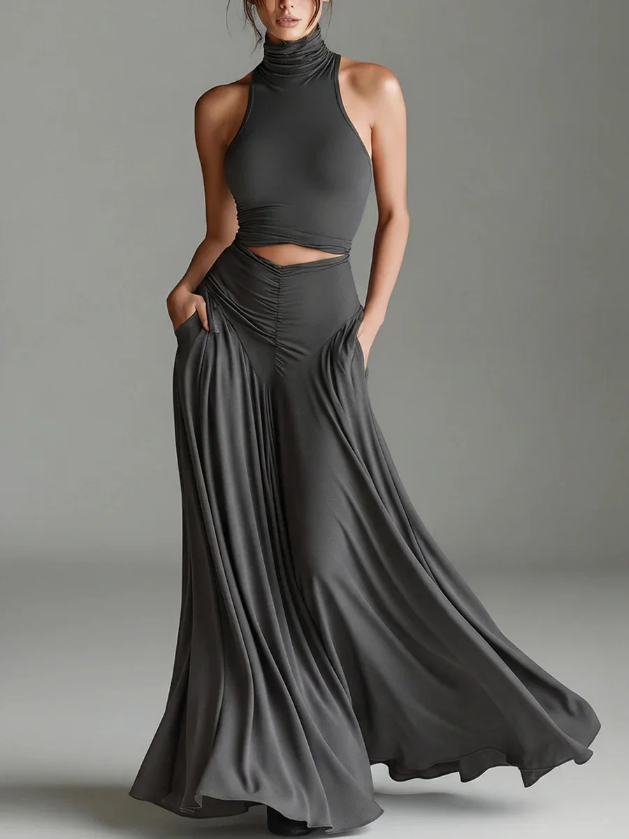 Ausgeschnittenes Ärmelloses Sexy Maxikleid Damen Mode Rollkragen Gerafftes Hochgeschnittenes Taschen-Bodycon-Kleid für Club und Party Langes Kleid für Frauen