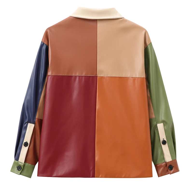 Veste patchwork en similicuir pour femme, manteau en PU, col rabattu, manches longues, vêtements de rue, mode vintage, vêtements de nuit pour documents