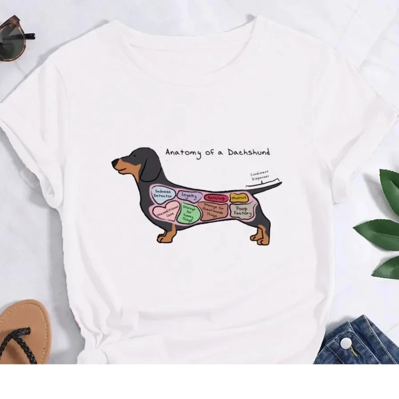 Anatomie Pinter Baik mit Dackel Frauen Lustiger Aufdruck Damen T-Shirt Mädchen Y2K Harajuku Basis O-Kragen Weißes Hemd Kurz