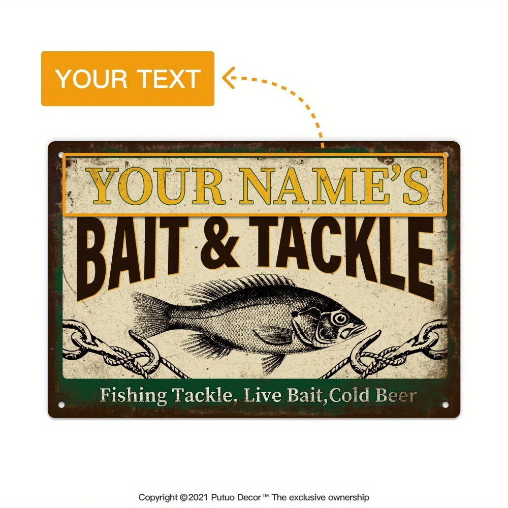 Custom 2D Rectangular Metal Tin Sign 8x12 Inch Personalized Name Bait & Tackle Vintage Fishing Iron Plaque Man Cave Garage Cabin
