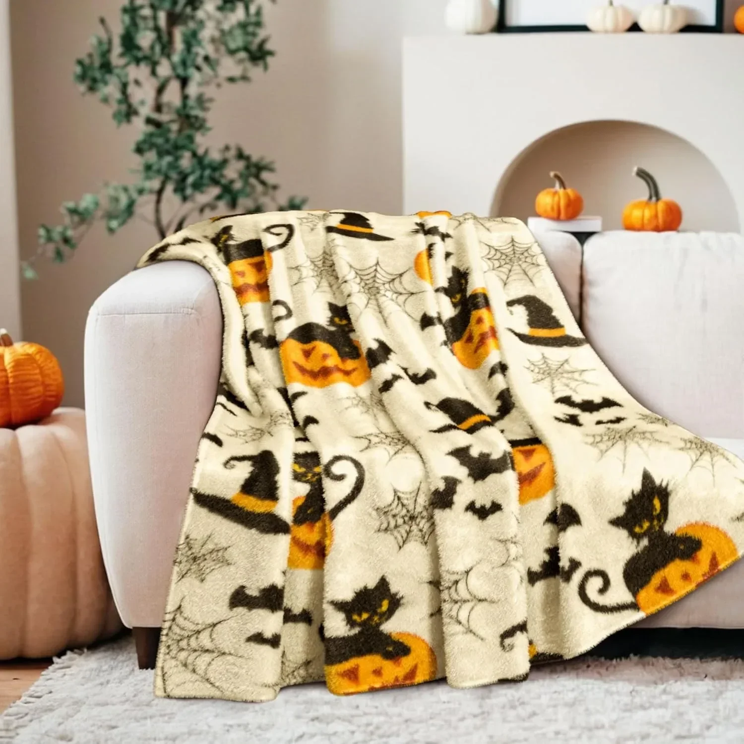 

1 шт., одеяло на Хэллоуин — тыква, череп, летучие мыши, призрак, принт черных кошек, тонкое всесезонное одеяло для дивана, кровати, автомобиля, кемпинга