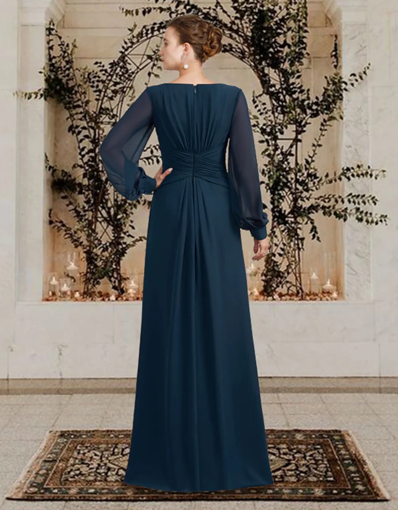 A-Linie Mutter der Braut Kleid Hochzeit Gast V-Ausschnitt bodenlangen Chiffon Langarm mit gerafften Rüschen seitlich drapiert 2024