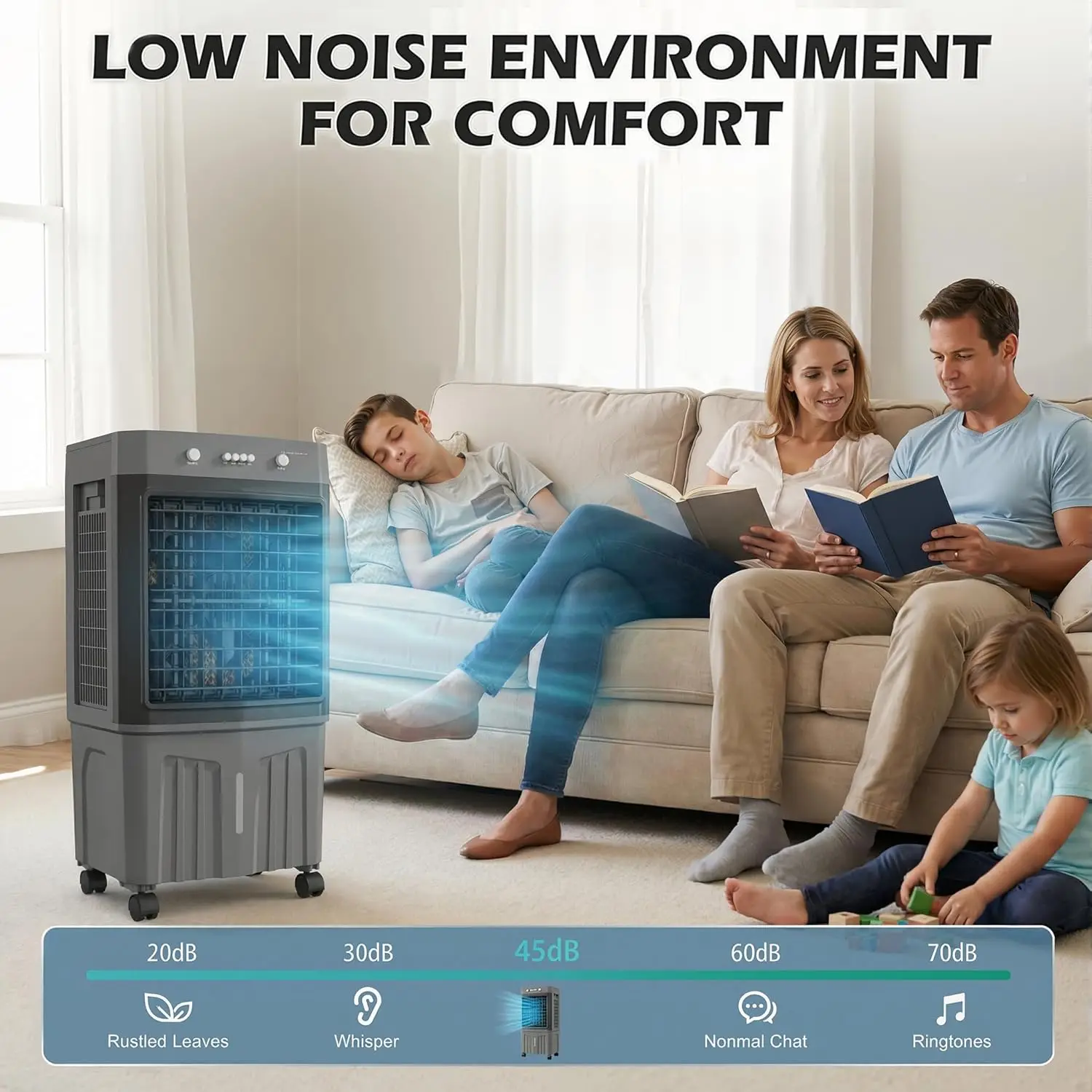

Evaporative Air Cooler with 7 Gallon Water Tank, Swamp Cooler Portable Cooling Air Fan 4 Ice Box, 3-Wind Speeds, 120°Oscillation