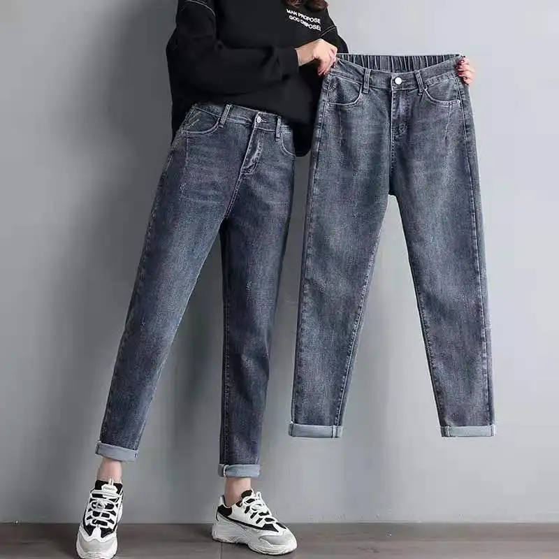 

New Extra Large Size Stretch Jeans Girls Elastic High Waist Harlan Pants Girl Wide Leg Pants Jeans Women 3XL Clothing XK156