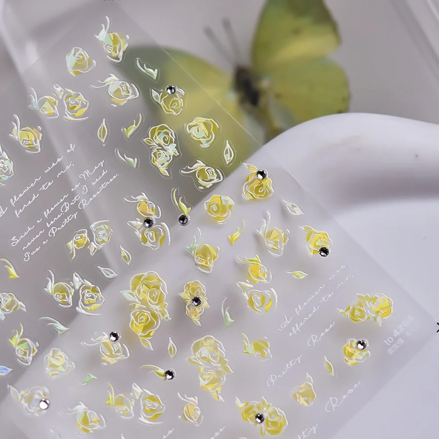 Jelly Flower Yellow Rose Crystal Rhinestones Pearl Embossed Relief Adhesive Nail Art Sticker Manicure Decal