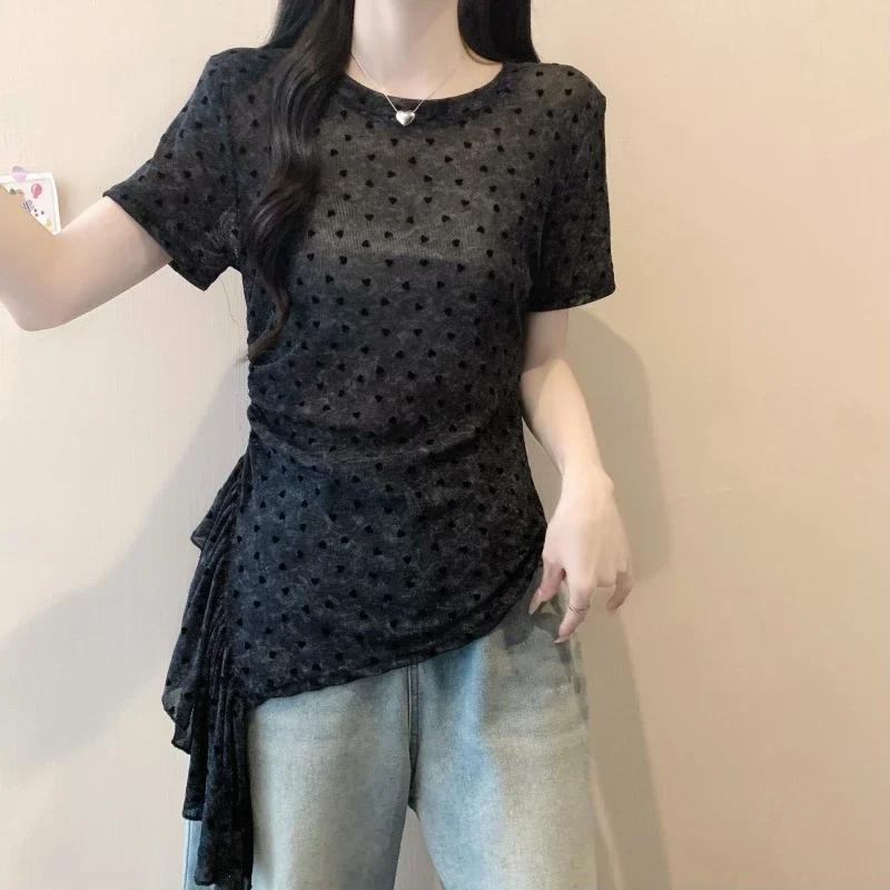 

Polka Dot Printing Asymmetrical Trend Tops Women Clothing New Short Sleeve O-neck Slim Temperament T Shirts Sweet Korean Summer