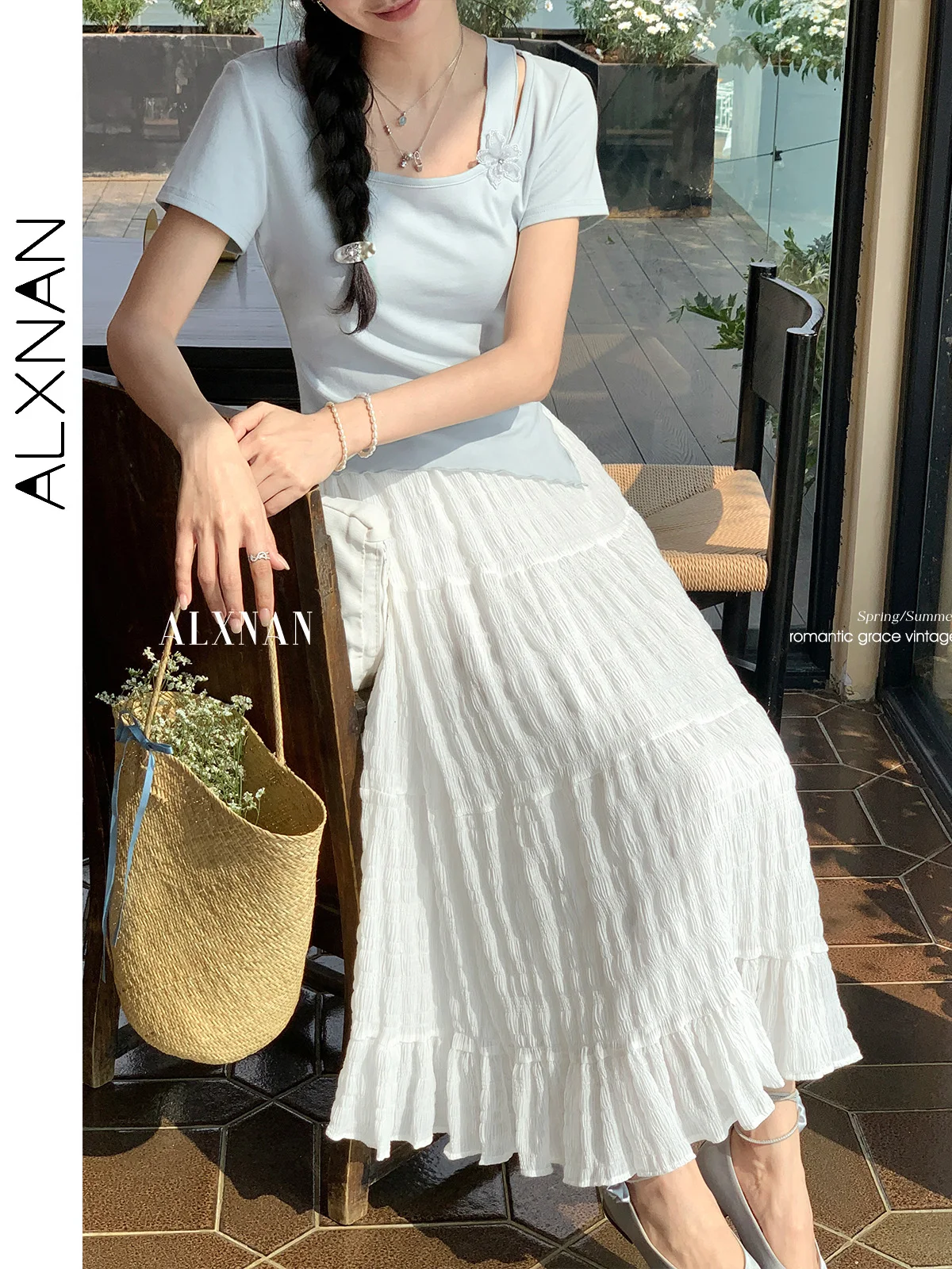 ALXNAN Plus Size White Skirt Long Elegant Holiday Women's Midi Skirt 2025 Summer Casual A-line Loose-fit Ladies Clothing D10307