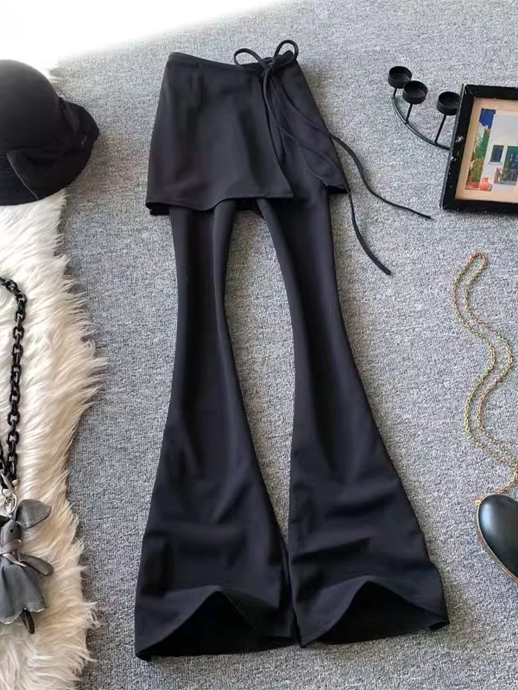 Kobiety Czarny Goth Y2k Flare Spodnie ze Spódnicą Harajuku Streetwear Oversize Emo Spodnie Japoński Styl 2000s Vintage Spodnie Odzież