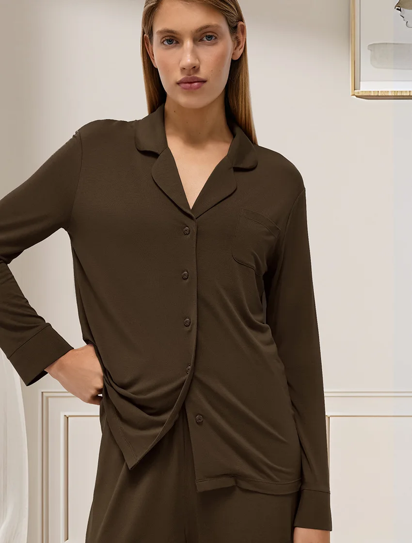 Autumn Brown 2026 Modal Pajama Set | Soft Long-Sleeve Cardigan & Trousers | Comfortable Women's Loungewear & Sleepwear (2-Piece)