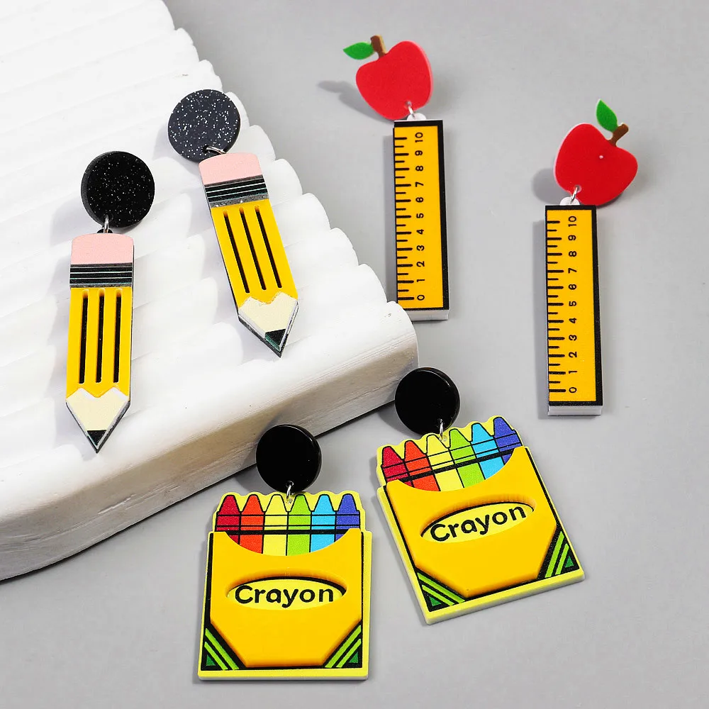 New Acrylic Apple Ruler Pencil Drop Earrings for Women Student Cartoon Crayon Box Printing Dangle Earring Teacher's Day Jewelry