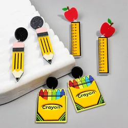 New Acrylic Apple Ruler Pencil Drop Earrings for Women Student Cartoon Crayon Box Printing Dangle Earring Teacher's Day Jewelry