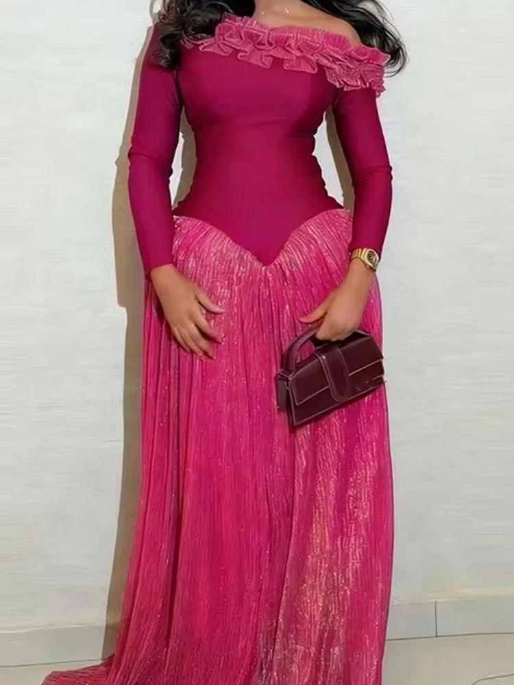 

Элегантное вечернее платье с открытыми плечами и длинными рукавами, модное длинное платье 2026 года с пэчворком и завышенной талией, женское повседневное драпированное однотонное макси-платье