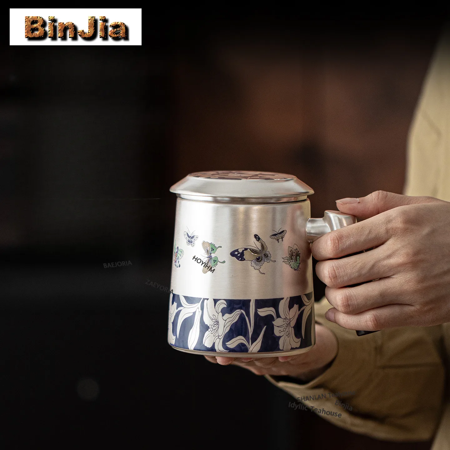 450ml Gilt Silver Butterfly Lily Wooden Handle Filter Tea Separator Cup Traditional Tea Mug With Infuser Tea Soaking Office Cups