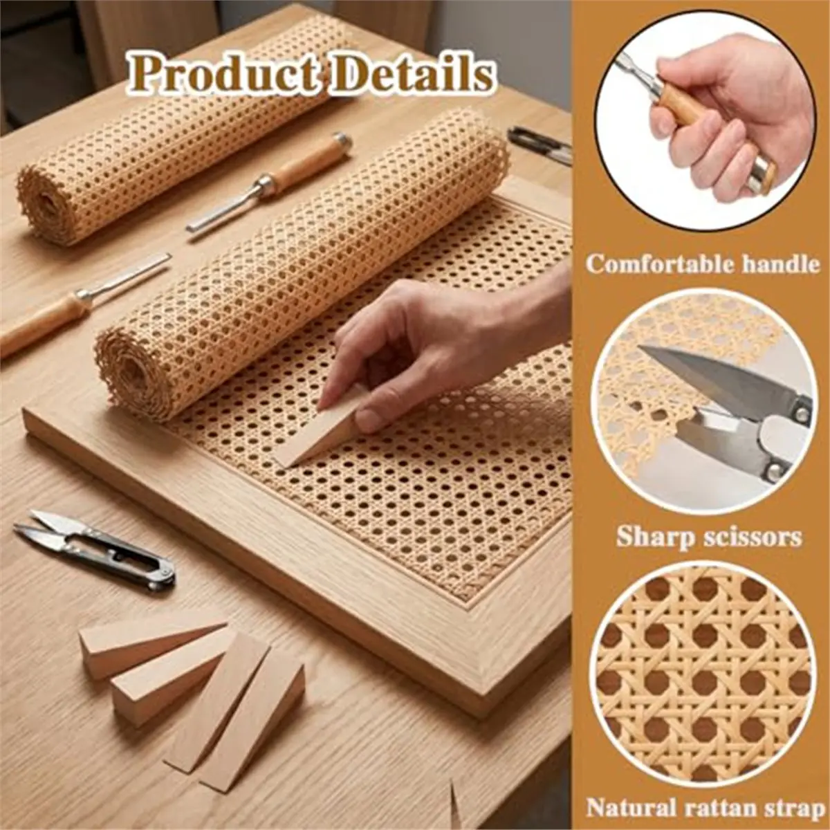 13 Pcs Rattan Cane Webbing Repair Kit with Tools for Home DIY Includes Caning Chisel & Wooden,Open Mesh Woven Material
