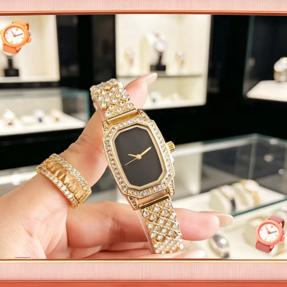 

Luxury Gold Plated Women Watch Full Diamond Black Dial Quartz Wristwatch for Ladies