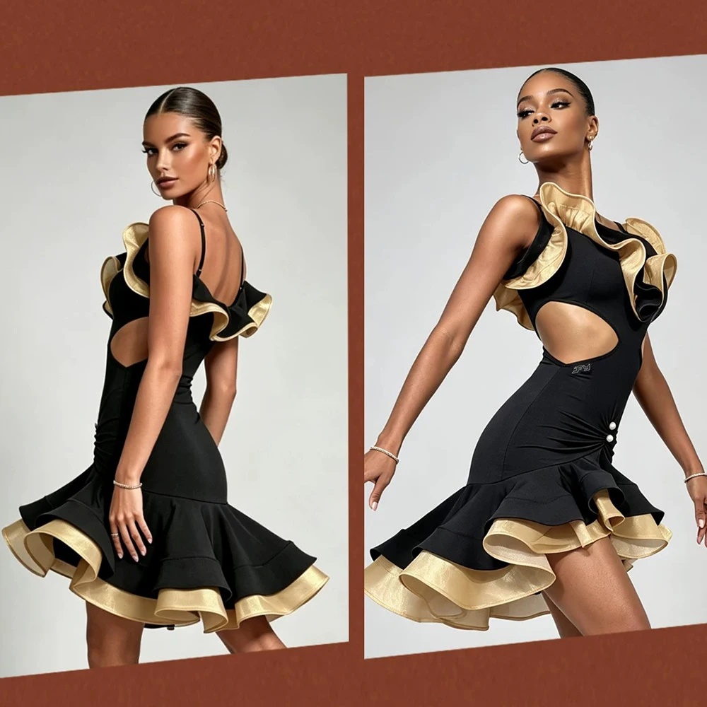 2026 New Latin Dance Dress for Women Ruffle Cutout Cha Samba Rumba Competition Costume Sleeveless Salsa Competition Wear view 3