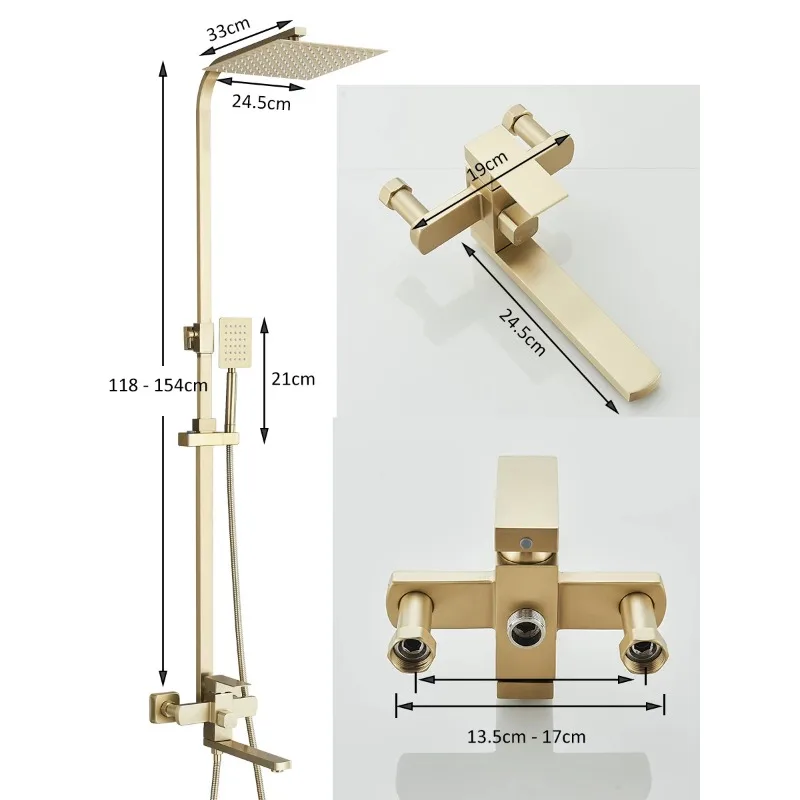 

Душевая система из матового золота с длинным изливом 25 см, тропический душ 3 в 1, смеситель для ванны с удлинителем