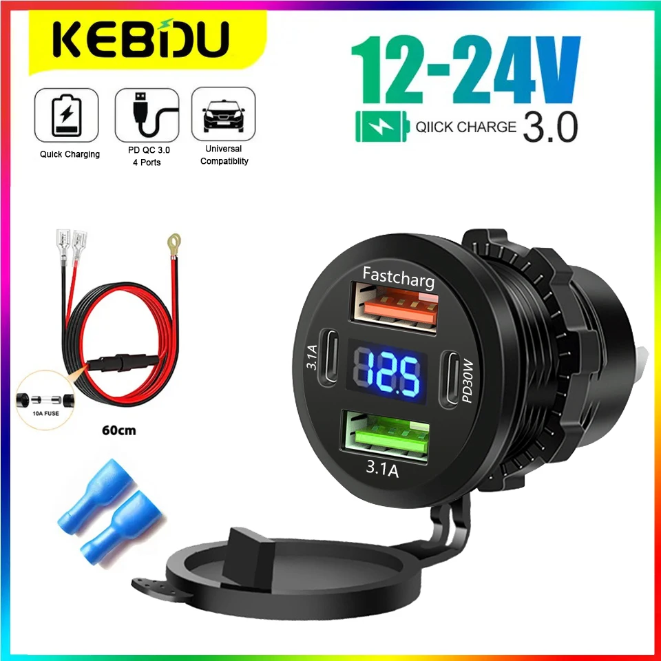 86 W 4-Ports USB-Ladegerät mit LED-Voltmeter Dual PD & Dual QC3.0 Schnellladeadapter wasserdicht für 12/24 V Auto Boot Motorrad