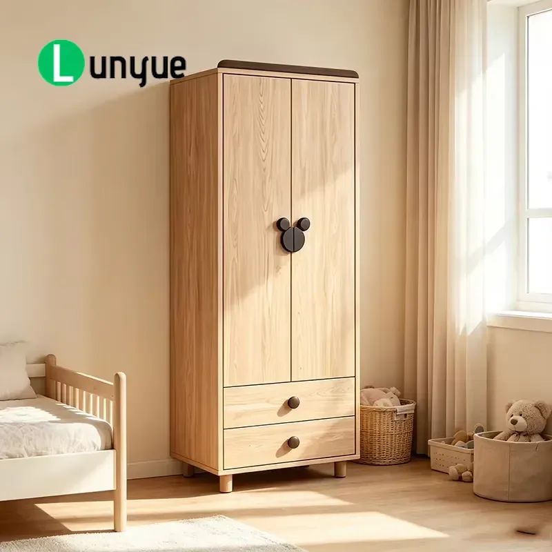 Wooden Wardrobe with Cartoon Animal Shaped Handles 2 Drawer Lockers Bedroom Clothing Storage Cabinet for Kids Room Home