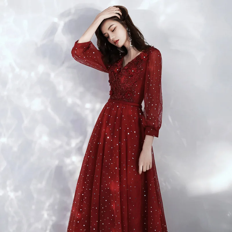 New Long Formal V-Neck Beading Evening Dresses DongCMY Burgundy Bandage Plus Size Sequin Elegant Mother of Dresses