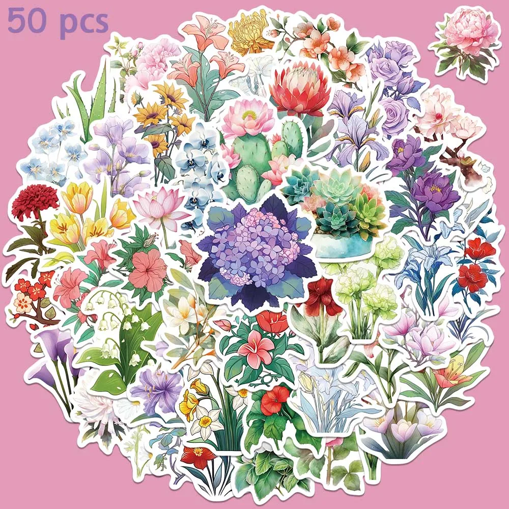 

50pcs Colorful Floral Illustration Stickers Aesthetic Graffiti Decals For Kids Laptop Luggage Skateboard Notebook Stickers