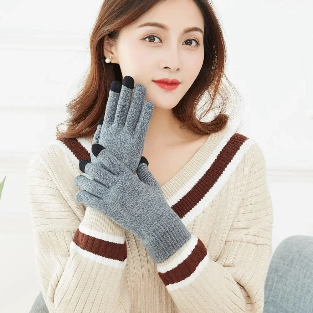 Custom Logo Winter Gloves Thickened Fleece Warm Knitted Touchscreen Compatible Gloves for Men Women Outdoor Sports