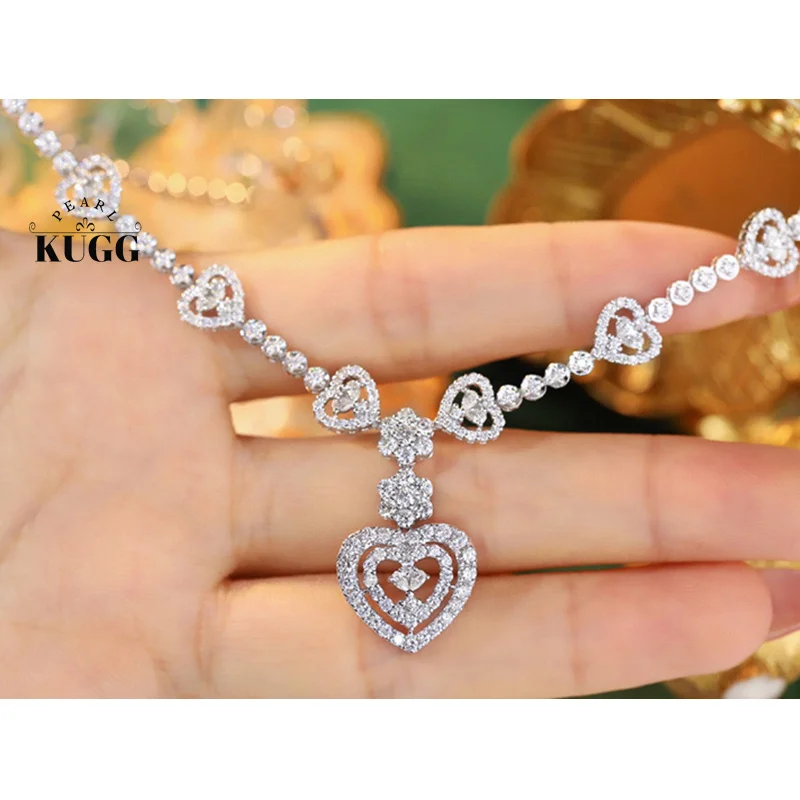 KUGG 100% 18K White Gold Necklace Luxury Heart Design Real Natural Diamond Necklace for Women Wedding Party High Jewelry