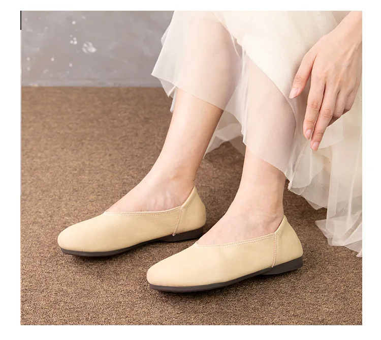 Careaymade-Genuine Leather women\'s shoes retro round toe casual one foot shallow mouth flat single shoes women grandma shoes